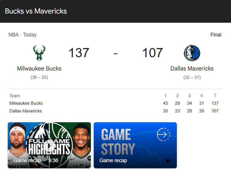 Mavericks vs Bucks